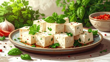 A rustic kitchen scene with a black plate of white cheese cubes garnished with herbs, surrounded by fresh vegetables and spices on a wooden surface. Warm lighting enhances culinary charm.