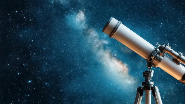 Telescope tripod under starry night sky with Milky Way glowing, awe inspiring astronomy scene