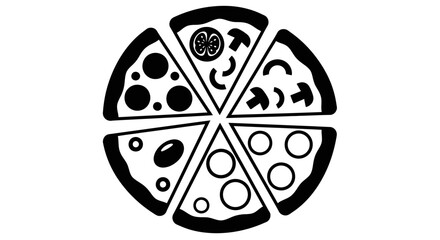 Black and white pizza slices with different toppings arranged editable vector file