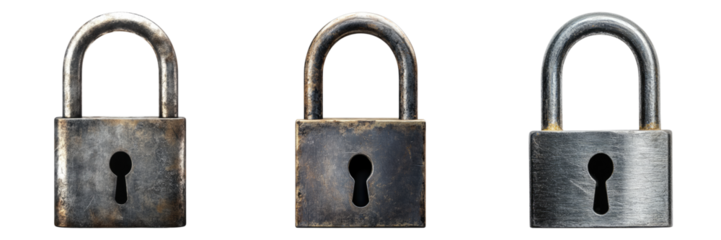 Three aged metallic padlocks with keyhole, side by side, symbolizing security