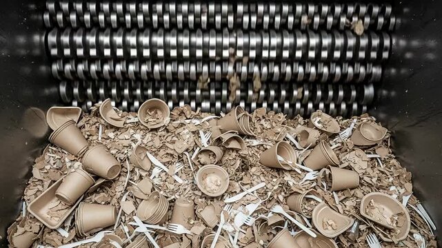 Massive industrial shredder processes bioplastic containers for recycling