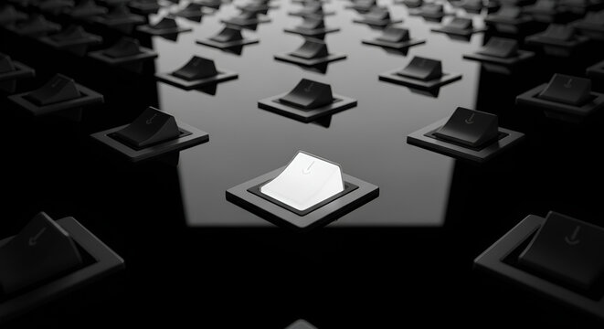 Singular white light switch glowing in an array of identical black toggles