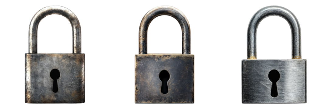Three aged metallic padlocks with keyhole, side by side, symbolizing security - Powered by Adobe