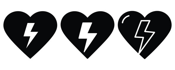 heart lightning silhouette Valentine icon set,Black color simple Vector icons