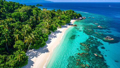 Aerial view of tropical beach and clear blue water