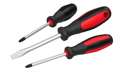 Three Screwdrivers with Black and Red Handles on White Background.