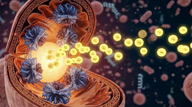 Active ATP synthase molecules synthesize ATP in rhythmic motion as glowing packets detach