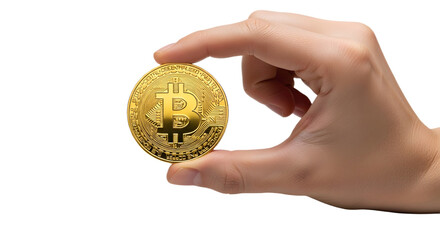 A hand holding a golden bitcoin against a white background view with transparent background
