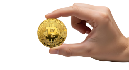 A hand holding a golden bitcoin against a white background view with transparent background