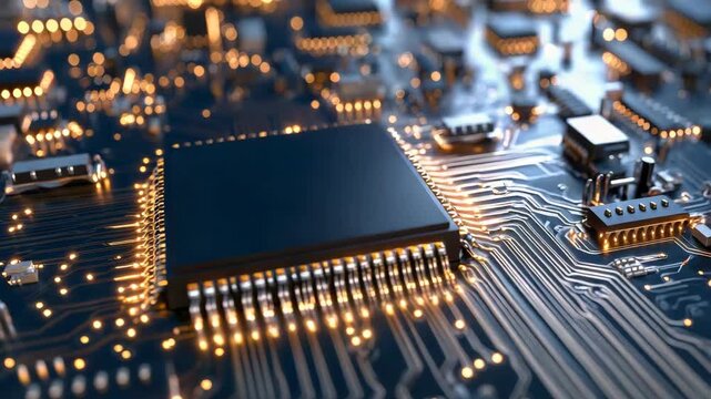 High performance microchip circuit board glowing with warm light integrated circuit semiconductor