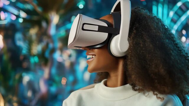 Smiling woman wearing virtual reality headset and headphones smiling colorful arcade bokeh lights
