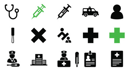 Collection of medical related icons on a white background editable vector file