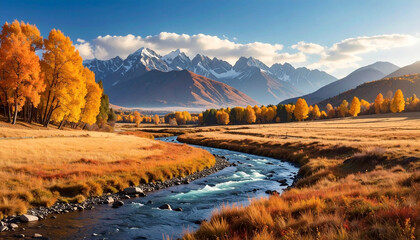 Autumn landscape with river and mountains in background