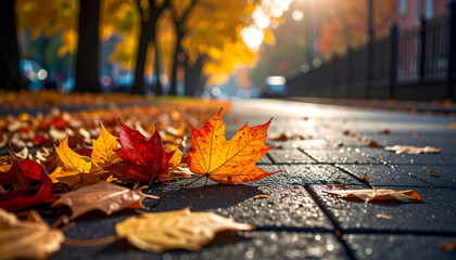 Autumn leaves scattered on a sunlit pathway