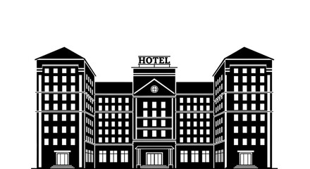 Black and white hotel building with many windows and the word hotel editable vector file