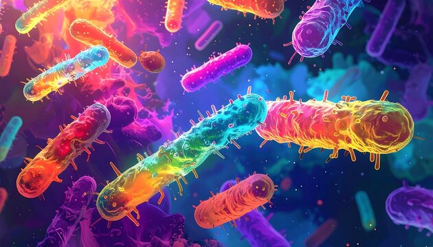 Abstract illustration of colorful bacteria, microorganisms, and scientific imagery