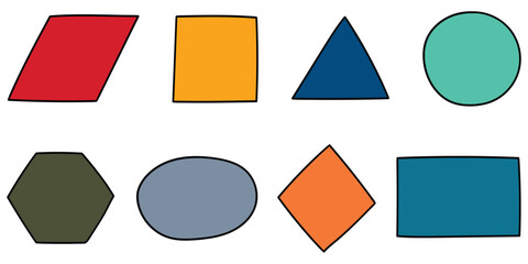 Hand-drawn cartoon set of colored geometric shapes on a white background.