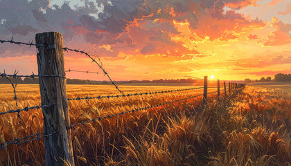Sunset over a wheat field with barbed wire fence