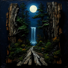 Fototapeta premium Waterfall inside a forest night scene I Wall Decor 