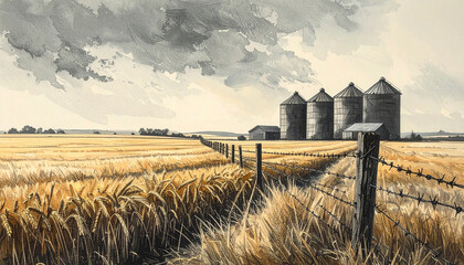 Wheat field with silos and barbed wire fence