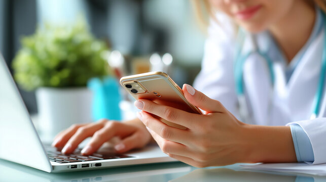 Doctor using smartphone at doctor’s office, messaging with patient, prescribing treatment with laptop computer on table at medical clinic, close up, health care and medicine, onlin
