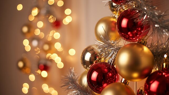Festive Christmas ornaments with shiny lights create a holiday atmosphere