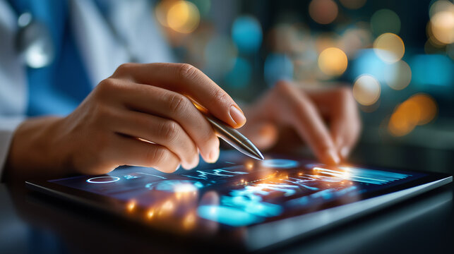 Doctor using digital tablet for electronic health records, examining patient health information, working in doctor’s office in modern hospital, close up, medical technology concept
