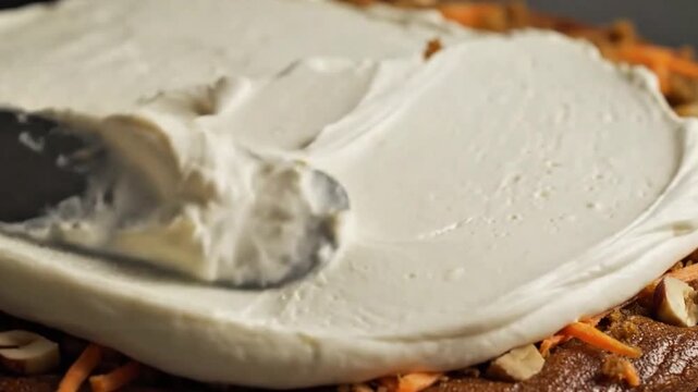 4K close-up zoom-in of cream cheese frosting being spread on carrot cake, side soft light, macro texture