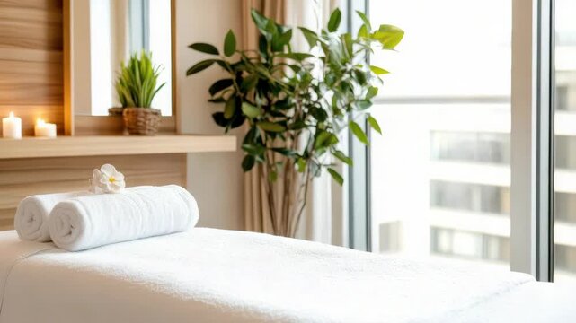 Serene spa massage table with rolled towel and flower, white towels candles soft light tranquility
