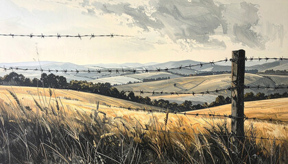 Barbed wire fence in a golden field landscape