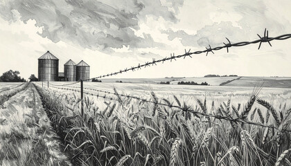 Silos and barbed wire in a golden wheat field