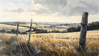 Barbed wire fence in a golden field landscape