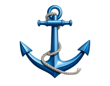 Blue Metallic Anchor with Rope on White Background