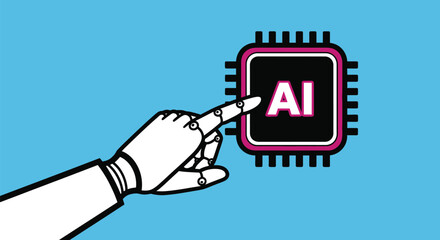 Robotic hand touching ai chip on a blue background illustration editable vector file