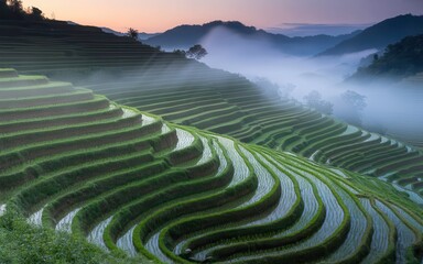 Serene misty mountain terraced rice fields at sunrise capturing lush greenery and gentle mist