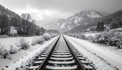 Snow-covered railway tracks in a winter landscape