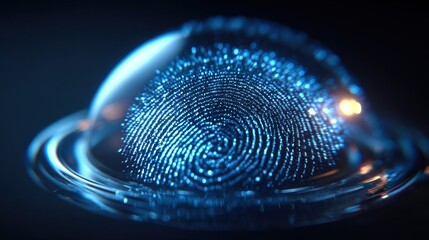 Digital fingerprint captured inside a glowing, transparent sphere, showcasing biometric security