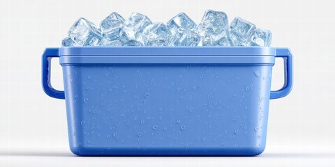 A blue cooler brimming with ice cubes, perfect for keeping drinks cold.