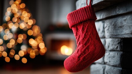 Festive Christmas Stocking Hanging by Fireplace