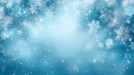 Winter wonderland with falling snowflakes on a soft blue background.