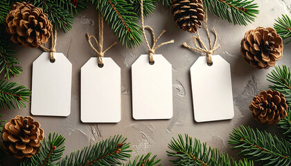 Blank gift tags surrounded by pine cones and greenery