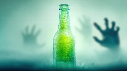 A green beer bottle is surrounded by blurred hands, evoking a spooky, chilling scene.
