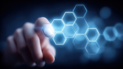 Hand interacts with a glowing hexagon network, representing futuristic technology and digital interface.