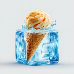 Ice cream cone in an ice cube with water splash, a refreshing summer treat.