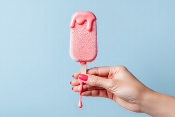 A vibrant pink popsicle with dripping glaze held by a hand against a soft blue backdrop.