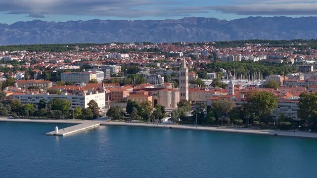 Zarad Old Town, Aerial view of St. Donatus Church. Vibrant coastal city with red roofs and the Adriatic sea in Croatia.