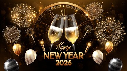 Midnight celebration background with fireworks champagne and 2026 balloons realistic style © Macrovector
