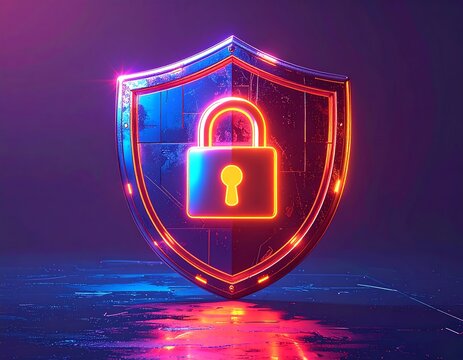 Glowing digital shield with a padlock, symbolizing security