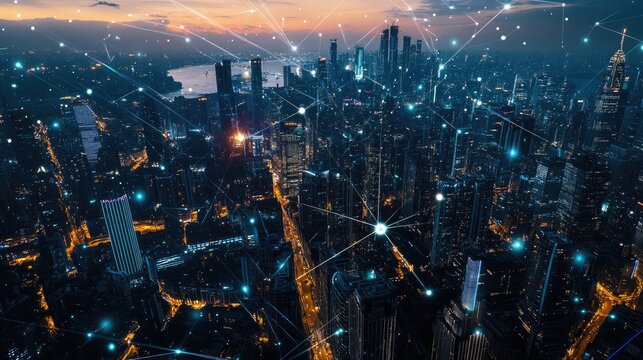 Aerial view of a modern city with abstract glowing lines illustrating wireless internet connectivity and IoT concept