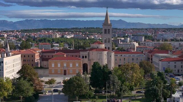 Zarad Old Town, Aerial view of St. Donatus Church. Vibrant coastal city with red roofs and the Adriatic sea in Croatia.